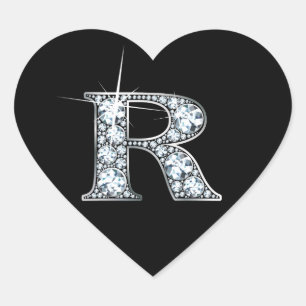 "R" Diamond Bling on Black Heart Sticker