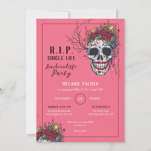 R.I.P. Skull & Rozen Vrijgezellenfeest Uitnodiging (Voorkant)