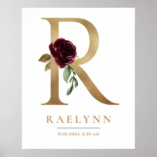 R Letter Monogram Naam Marsala Bloemenkwekerij Poster (Voorkant)