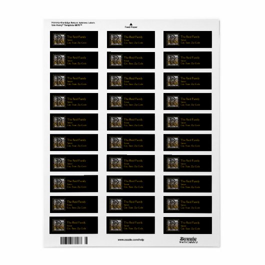 R Monogram "Black Stone" design Adresetiketten Etiket (Full Sheet)