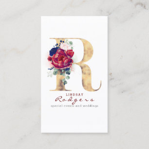 R Monogram Burgundy Gold en Navy Blue Floral Visitekaartje