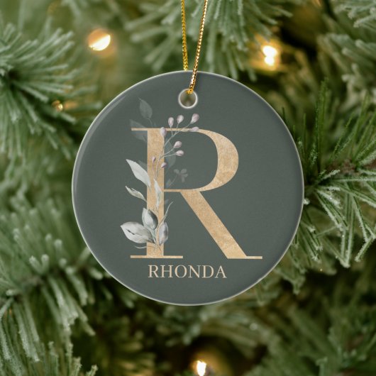R Monogram Floral Aangepast Keramisch Ornament (Boom)