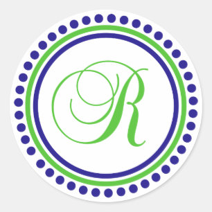R-monogram (marineblauw / limoengroen puntcirkel) ronde sticker