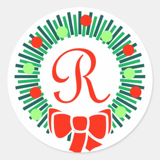 R Monogram (Retro Kerstkrans) Ronde Sticker (Voorkant)