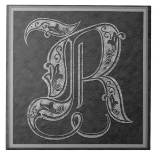 R Monogram "Royal Grey Stone" Keramische Tegel Tegeltje