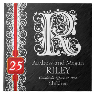 R Monogram "White Lace on Black" Jubileum Tegel Tegeltje