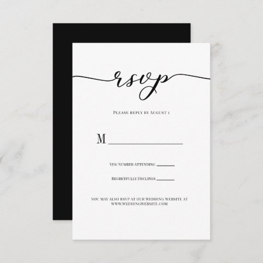 R.S.V.P. Mariage Carte de réponse Script noir (Devant / Derrière)