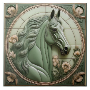 R Saliegroene namaak reliëf Art Nouveau Paardenhoo Tegeltje
