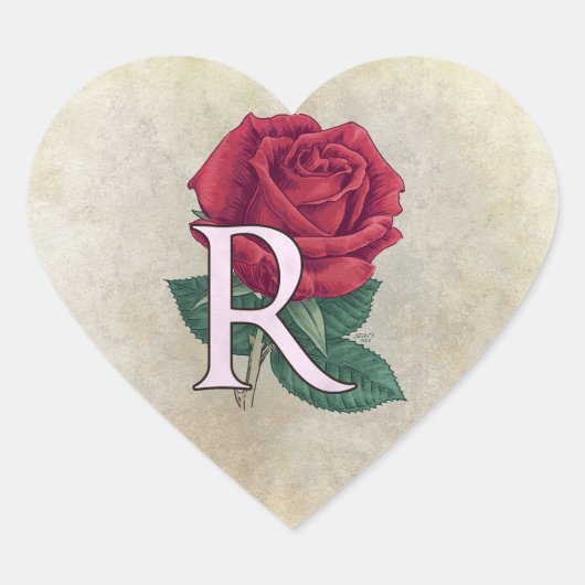 R voor Rozen Flower Monogram Hart Sticker (Voorkant)
