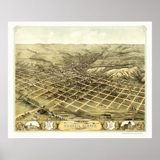 Raad Bluffs, IA Panoramic Map - 1868 Poster (Voorkant)