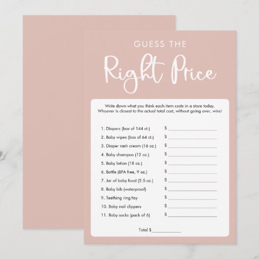 Raad de juiste prijs baby shower spel kaart (Voorkant / Achterkant)
