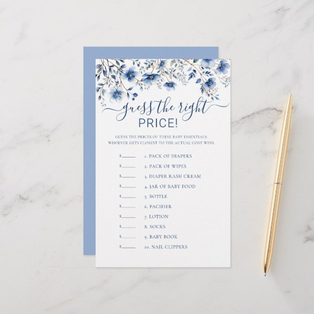 Raad de prijs Blue Wildflowers Baby shower Game (Voorkant / Achterkant in situ)