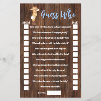 Raad eens bij wie Cowboy Baby shower Game Card Flyer