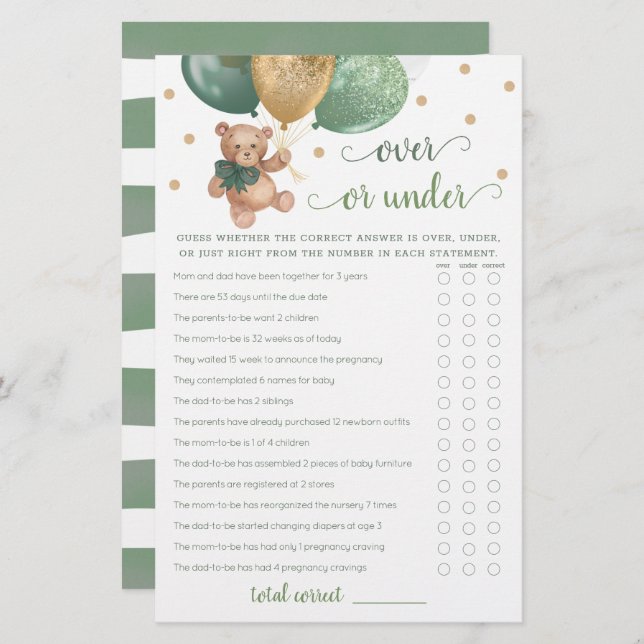 Raad eens over of onder het Baby shower Game Teddy (Voorkant / Achterkant)