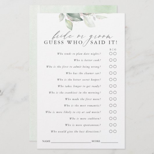 Raad eens wie Bride of Groom is - Greenery Game Ca (Voorkant / Achterkant)