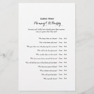 Raad eens wie mama of papa Baby shower Game Flyer