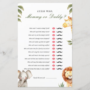 Raad eens wie mama of papa Safari Baby shower spel
