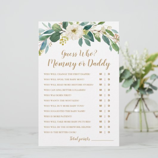 Raad eens wie? Mammie of papa Baby shower Game (Staand voorkant)