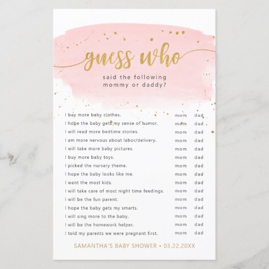 Raad eens wie roze waterverf en gouden baby shower (Voorkant)
