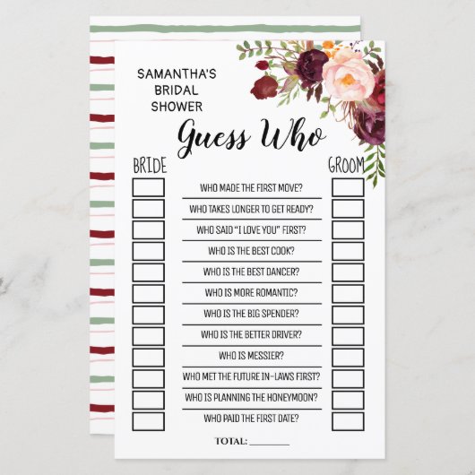 Raad eens wie Vrijgezellenfeest Marsala Flowers Ga (Voorkant / Achterkant)