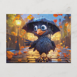 Raaf in regenachtige herfststraat met paraplu briefkaart