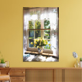 Raam met loopgordijn en tulpen canvas afdruk (Insitu (Woonkamer))