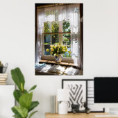Raam met loopgordijn en tulpen poster (Thuiskantoor)