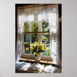 Raam met vitrage gordijn en tulpen poster