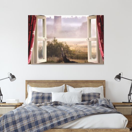 Raam open mistige ochtend met schuur uil canvas afdruk (Insitu (Slaapkamer))