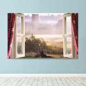Raam open mistige ochtend met schuur uil canvas afdruk (Insitu (Houten vloer))