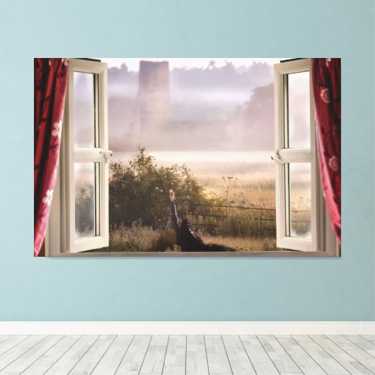 Raam open mistige ochtend met schuur uil canvas afdruk (Insitu (Houten vloer))