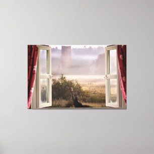 Raam open mistige ochtend met schuur uil canvas afdruk