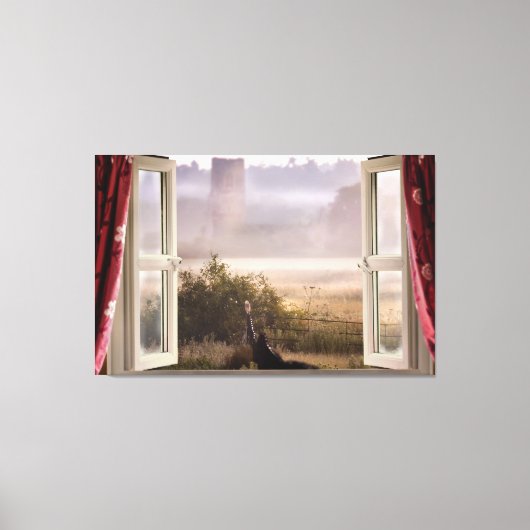 Raam open mistige ochtend met schuur uil canvas afdruk (Voorkant)