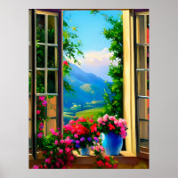 Raam Scènes Kunst Berg Bloemen 18x24 Poster