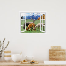 Raamuitzicht met bergen en alpaca
