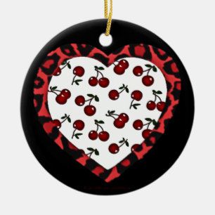 RAB kersen Luipaardprint Hart Rockabilly Keramisch Ornament