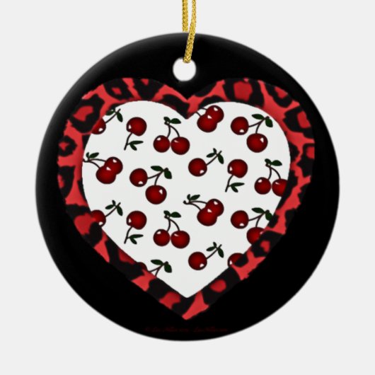 RAB Rockabilly Cherries Leopard Print Heart Keramisch Ornament (Voorkant)