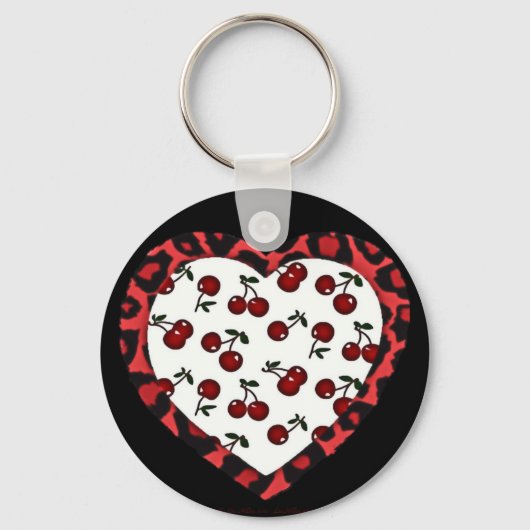 RAB Rockabilly Cherries Leopard Print Heart Sleutelhanger (Voorkant)
