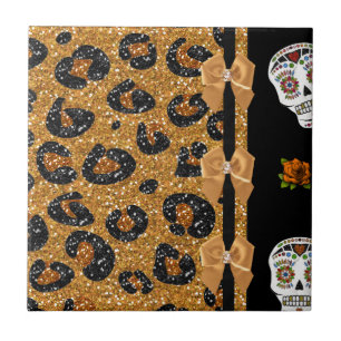 RAB Rockabilly Gold Leopard Print Sugar Skulls Tegeltje
