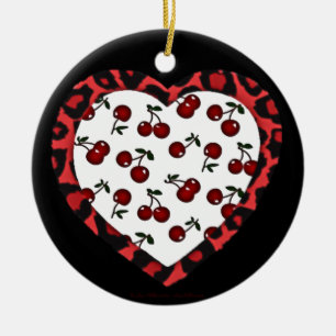 RAB Rockabilly Kersen Luipaardprint Hart Keramisch Ornament