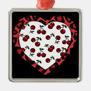RAB Rockabilly Kersen Luipaardprint Hart Metalen Ornament