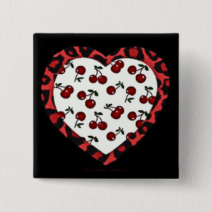 RAB Rockabilly Kersen Luipaardprint Hart Vierkante Button 5,1 Cm