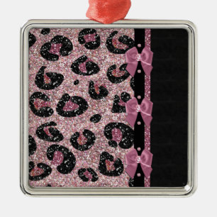 RAB Rockabilly Pink Leopard Print Ribbon Bows Metalen Ornament