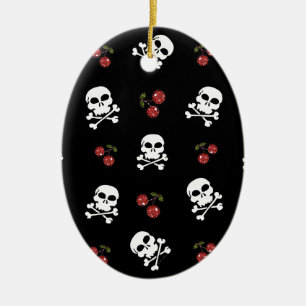 RAB Rockabilly Schedels en Kersen op Zwart Keramisch Ornament