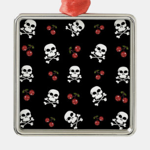 RAB Rockabilly Schedels en Kersen op Zwart Metalen Ornament