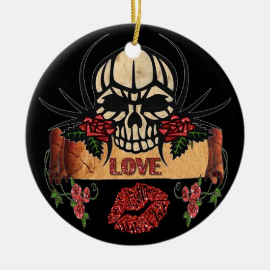 RAB Rockabilly Skull Rozen Love Lipstick Keramisch Ornament (Voorkant)