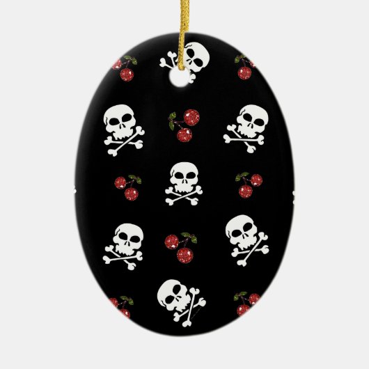 RAB Rockabilly Skulls en Cherries op zwart Keramisch Ornament (Voorkant)