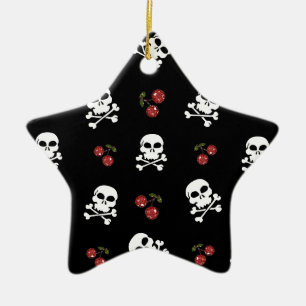 RAB Rockabilly Skulls en Cherries op zwart Keramisch Ornament