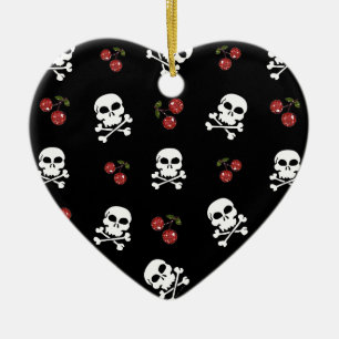 RAB Rockabilly Skulls en Cherries op zwart Keramisch Ornament