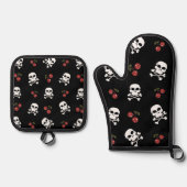 RAB Rockabilly Skulls en Cherries op zwart Ovenwant & Pannenlap Set (Voorkant)